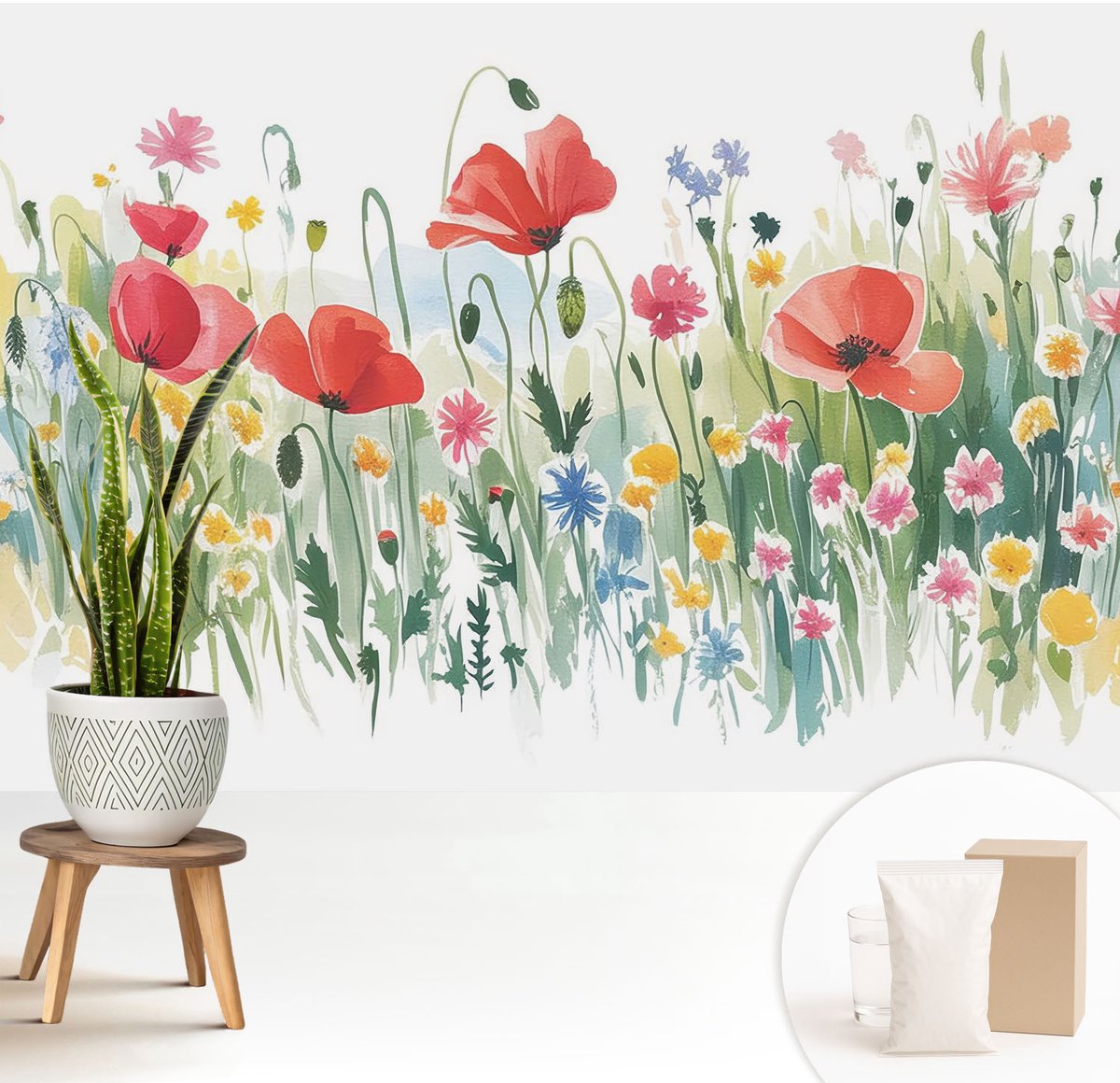 Wallfluent Fotobehang - Groente Vliesbehang - 208x146 cm - Zomerweide Fotobehang Vlies - Woonkamer behang Bloemen En Planten - Muurschildering - Woonkamer behang
