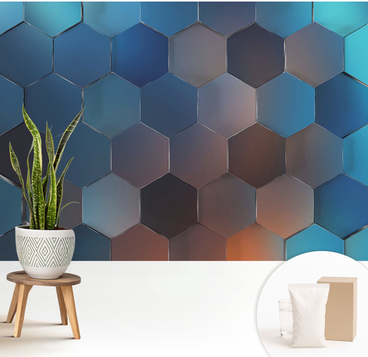 Wallfluent Fotobehang - Blauw Vliesbehang - 208x146 cm - Blauwe Zeshoeken Fotobehang Vlies - Woonkamer behang Abstractie - Muurschildering - Woonkamer behang