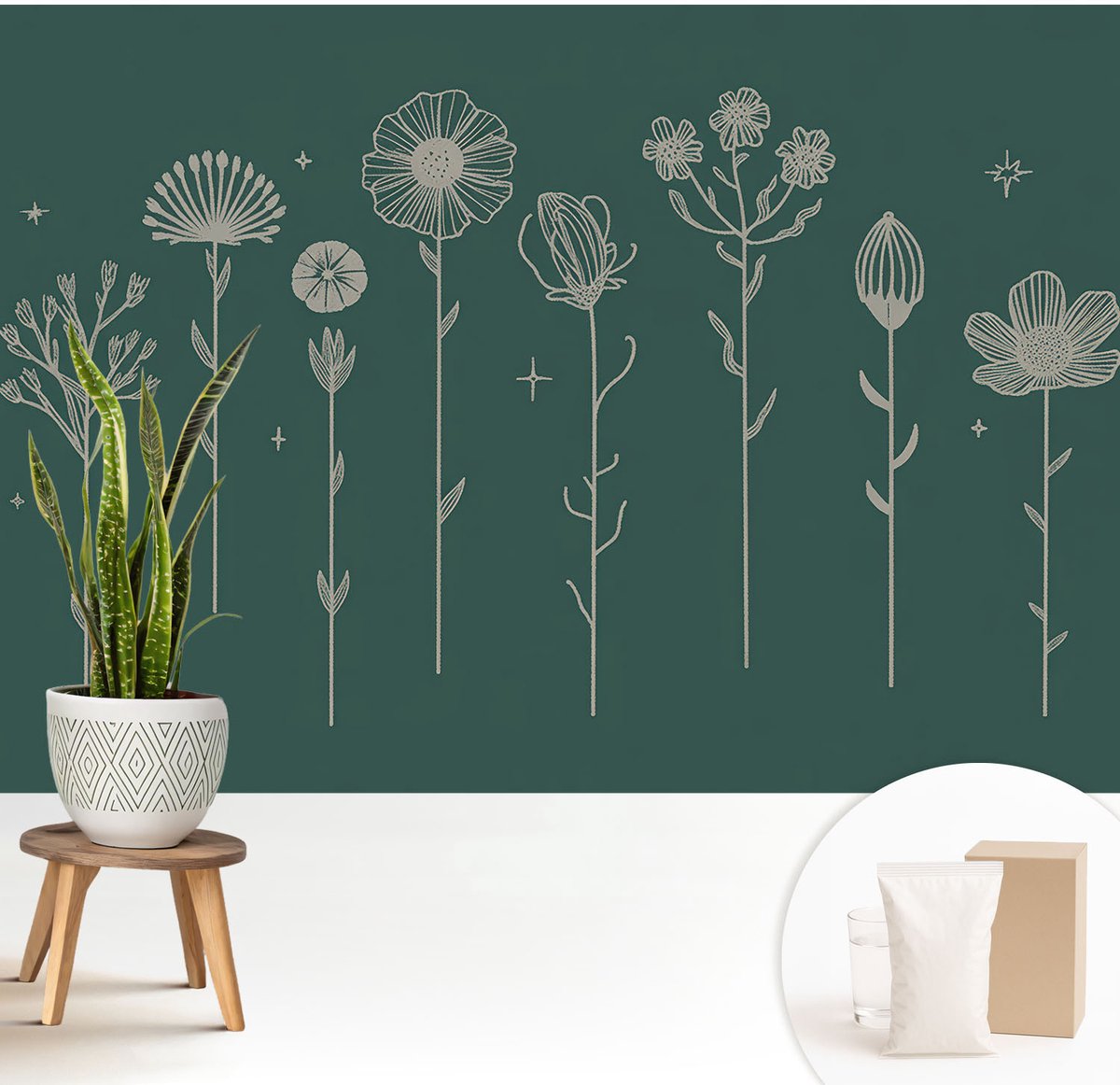 Wallfluent Fotobehang - Groente Vliesbehang - 208x146 cm - Subtiele Bloemen Muurschildering - Slaapkamer behang Bloemen En Planten - Fotobehang Vlies - Slaapkamer behang