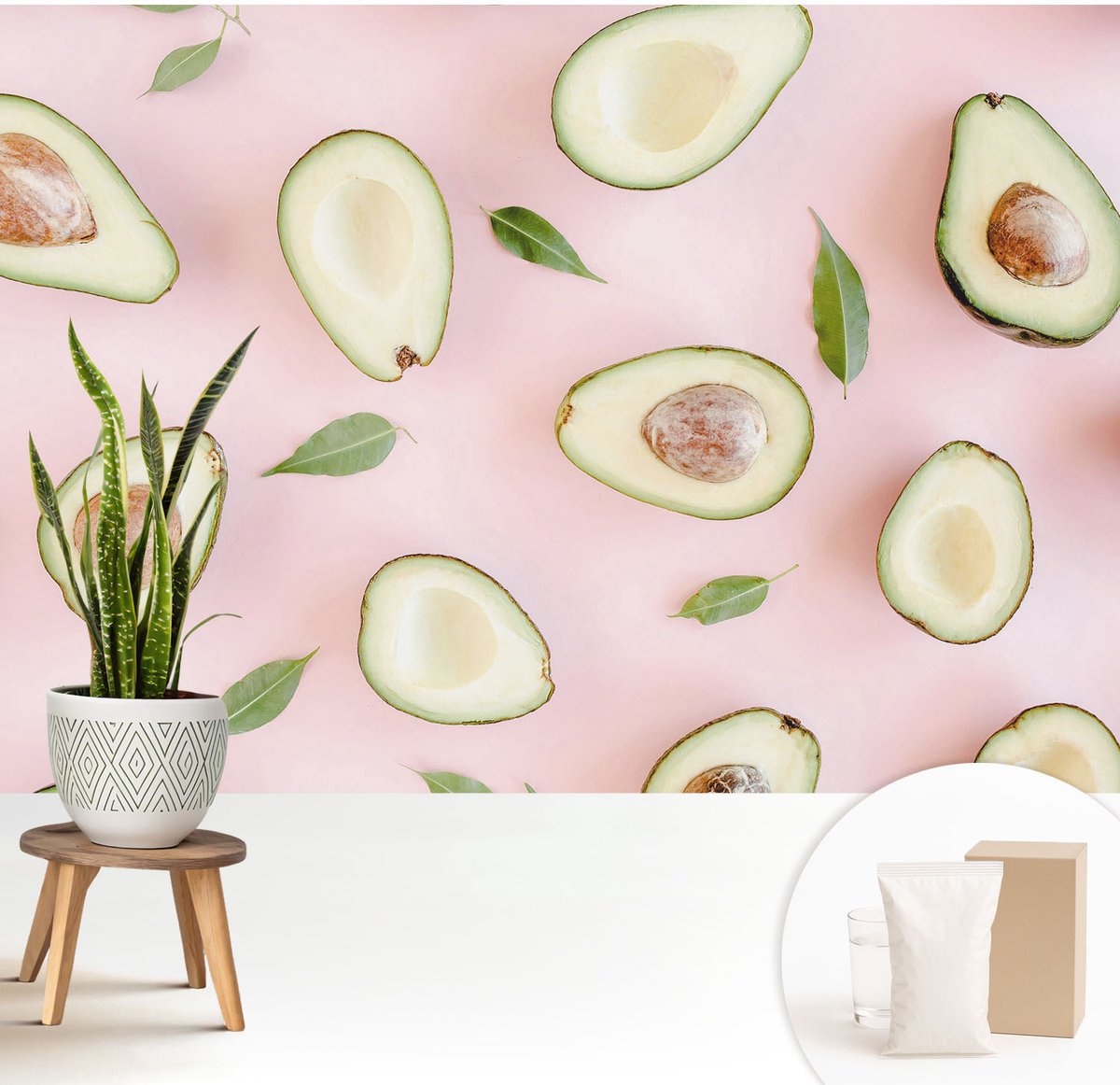 Wallfluent Fotobehang - Roze Vliesbehang - 208x146 cm - Samenstelling Van Avocado Muurschildering - Slaapkamer behang Voedsel - Fotobehang Vlies - Gang behang