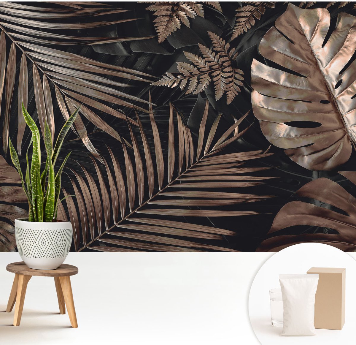 Wallfluent Fotobehang - Zwart Vliesbehang - 208x146 cm - Exotische Bladeren Muurschildering - Slaapkamer behang Bloemen En Planten - Fotobehang Vlies - Slaapkamer behang