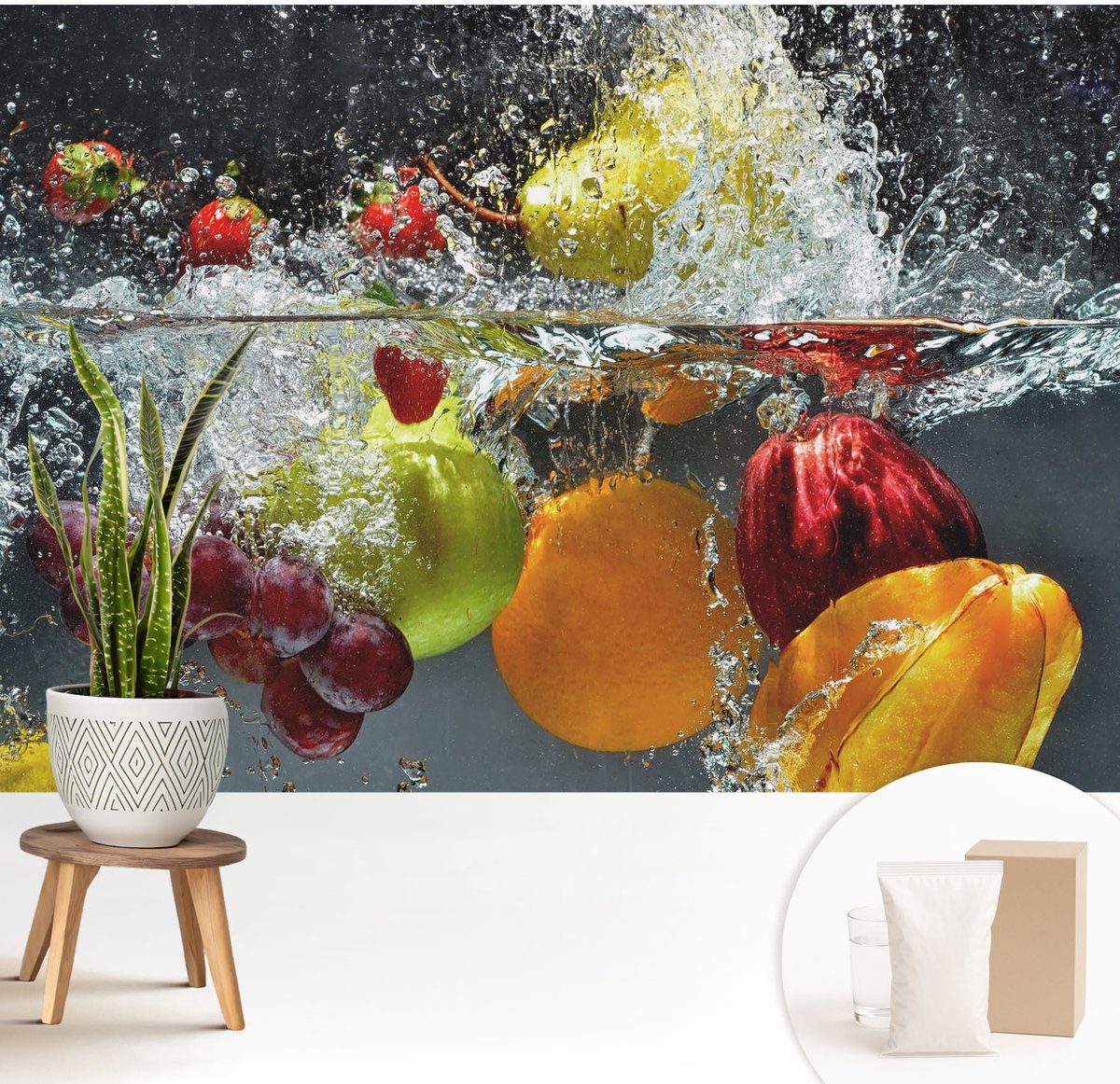 Wallfluent Fotobehang - Grijs Vliesbehang - 208x146 cm - Fruit In Water Muurschildering - Gang behang Voedsel - Fotobehang Vlies - Gang behang