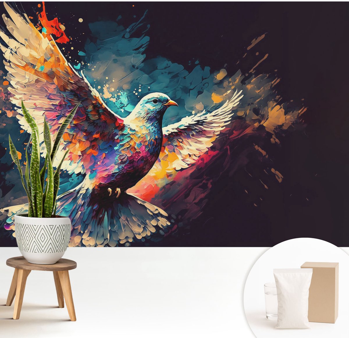 Wallfluent Fotobehang - Blauw Vliesbehang - 208x146 cm - Kleurrijke Vogel Fotobehang Vlies - Woonkamer behang Abstractie - Muurschildering - Woonkamer behang