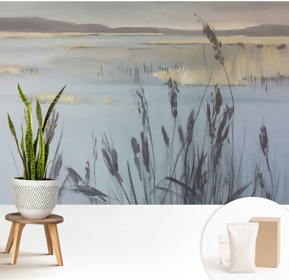 Wallfluent Fotobehang - Grijs Vliesbehang - 208x146 cm - Een Kalm Meer Fotobehang Vlies - Woonkamer behang Landschappen - Muurschildering - Woonkamer behang