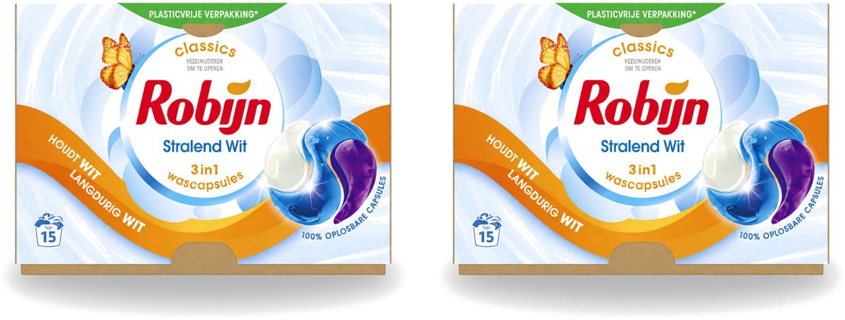 2 x Robijn – 3-in-1 Wascapsules – Stralend Wit – 15 capsules - Voordeelverpakking - 2 stuks