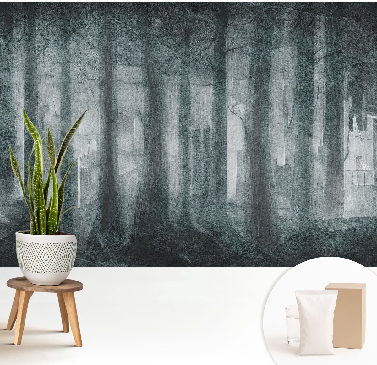 Wallfluent Fotobehang - Grijs Vliesbehang - 208x146 cm - Mysterieus Bos Fotobehang Vlies - Woonkamer behang Landschappen - Muurschildering - Woonkamer behang
