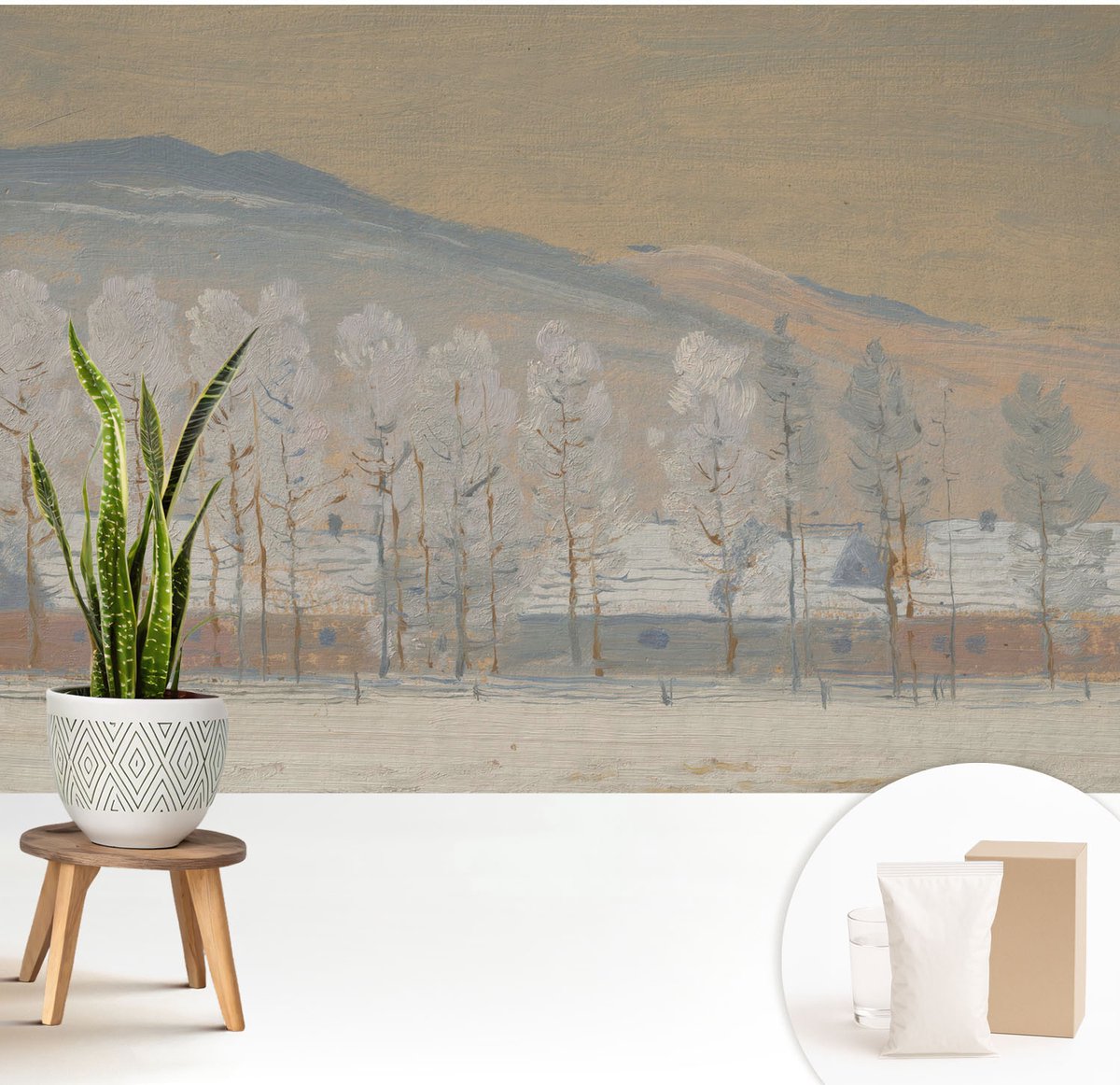 Wallfluent Fotobehang - Beige Vliesbehang - 208x146 cm - Winterlandschap Muurschildering - Slaapkamer behang Landschappen - Fotobehang Vlies - Gang behang