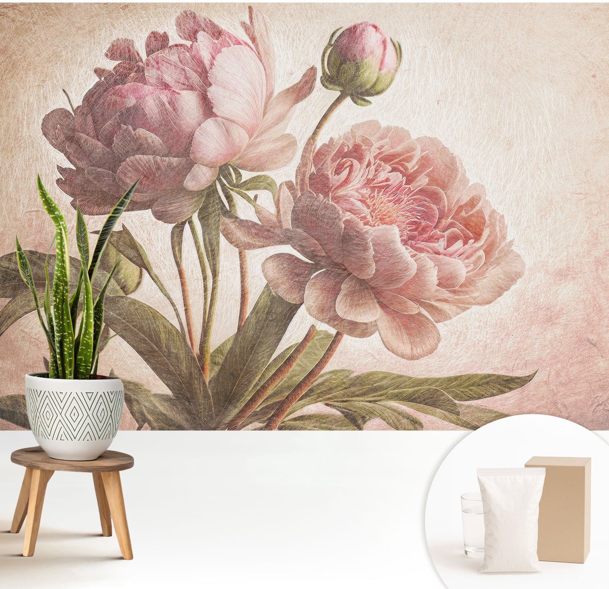 Wallfluent Fotobehang - Roze Vliesbehang - 208x146 cm - Delicate Pioenrozen Fotobehang Vlies - Woonkamer behang Bloemen En Planten - Muurschildering - Woonkamer behang