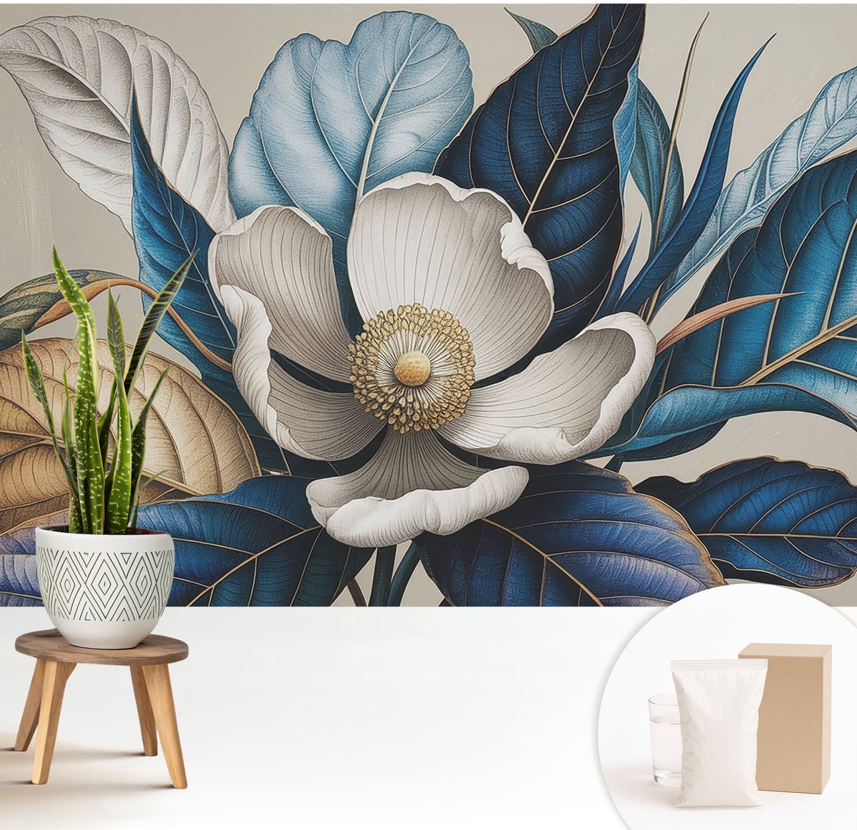 Wallfluent Fotobehang - Wit Vliesbehang - 208x146 cm - Elegante Flora Muurschildering - Gang behang Bloemen En Planten - Fotobehang Vlies - Slaapkamer behang