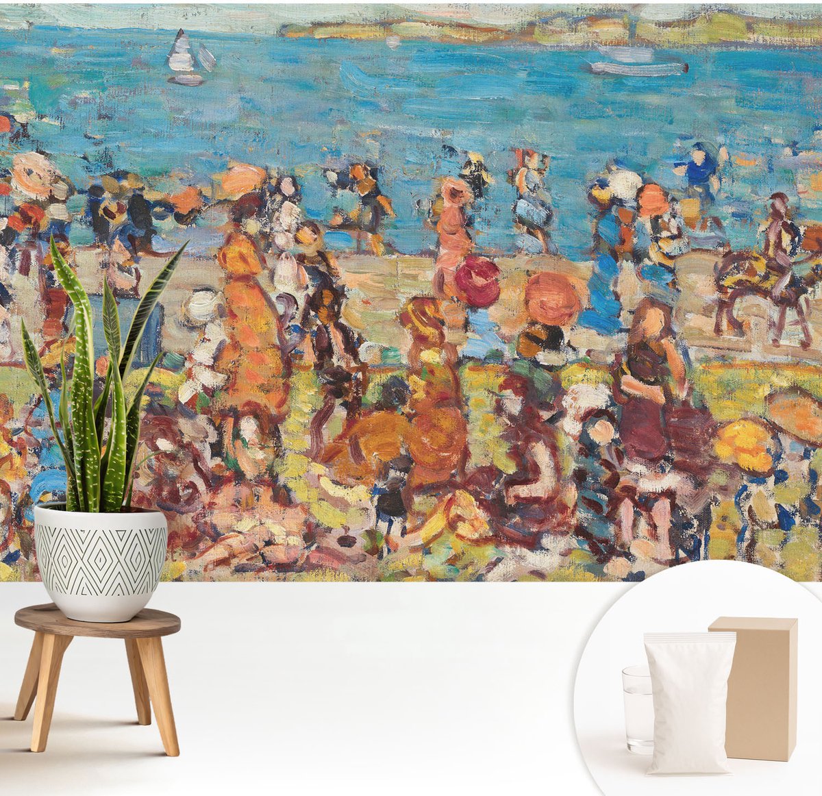 Wallfluent Fotobehang - Blauw Vliesbehang - 208x146 cm - Strandscène Muurschildering - Slaapkamer behang Mensen - Fotobehang Vlies - Slaapkamer behang