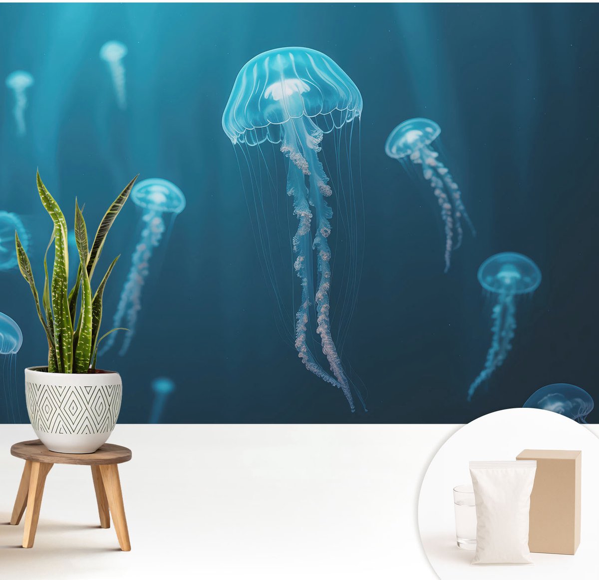 Wallfluent Fotobehang - Blauw Vliesbehang - 208x146 cm - Maritieme Elegantie Fotobehang Vlies - Hal behang Dieren - Muurschildering - Woonkamer behang