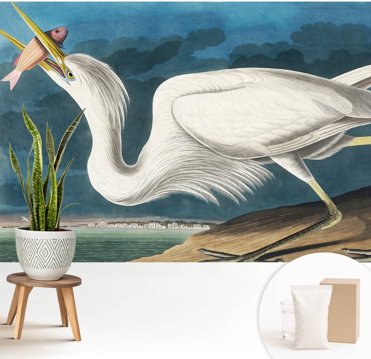 Wallfluent Fotobehang - Wit Vliesbehang - 208x146 cm - Vogel Met Vis Muurschildering - Gang behang Dieren - Fotobehang Vlies - Slaapkamer behang