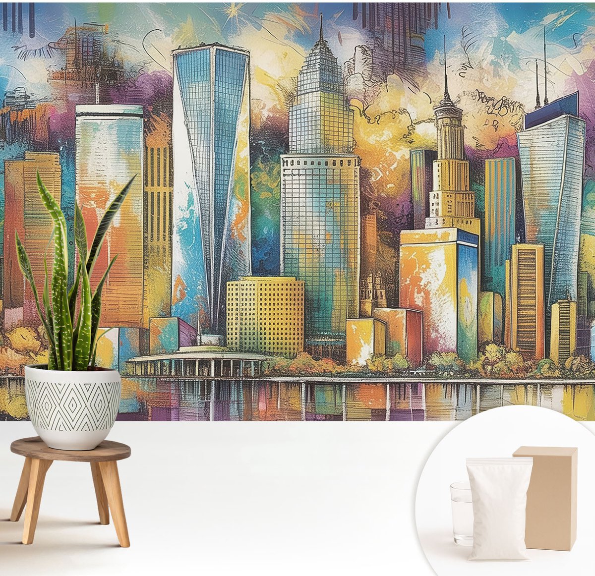 Wallfluent Fotobehang - Blauw Vliesbehang - 208x146 cm - Stadspanorama Muurschildering - Gang behang Architectuur - Fotobehang Vlies - Slaapkamer behang