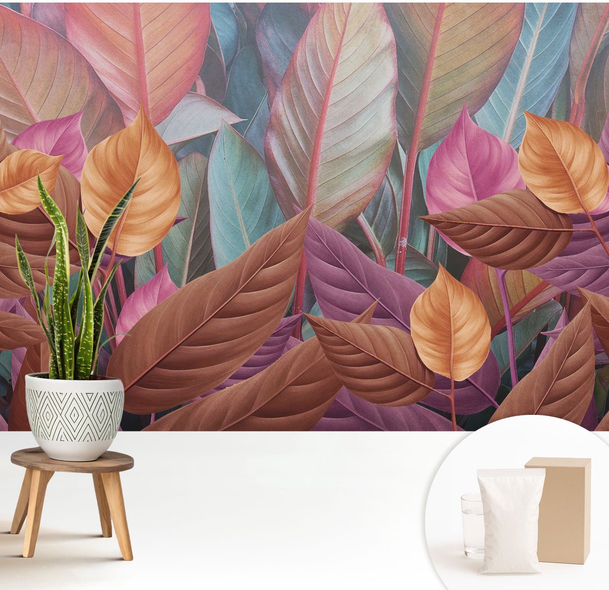 Wallfluent Fotobehang - Bruin Vliesbehang - 208x146 cm - Kleurrijke Bladeren Muurschildering - Slaapkamer behang Bloemen En Planten - Fotobehang Vlies - Slaapkamer behang