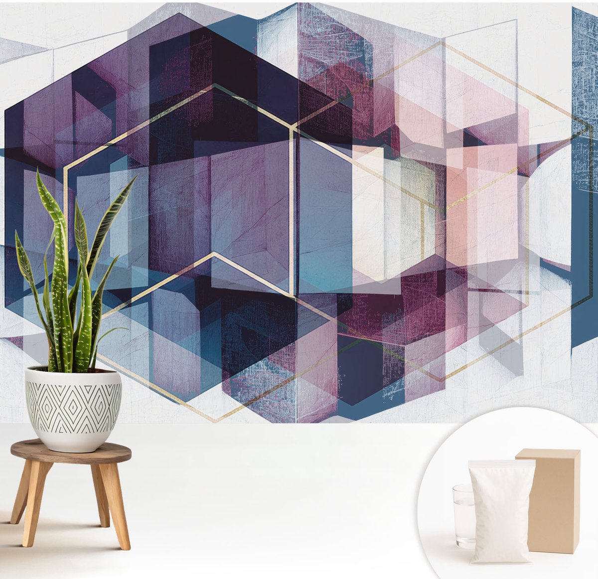 Wallfluent Fotobehang - Marine Vliesbehang - 208x146 cm - Geometrische Kubussen Fotobehang Vlies - Hal behang Abstractie - Muurschildering - Woonkamer behang