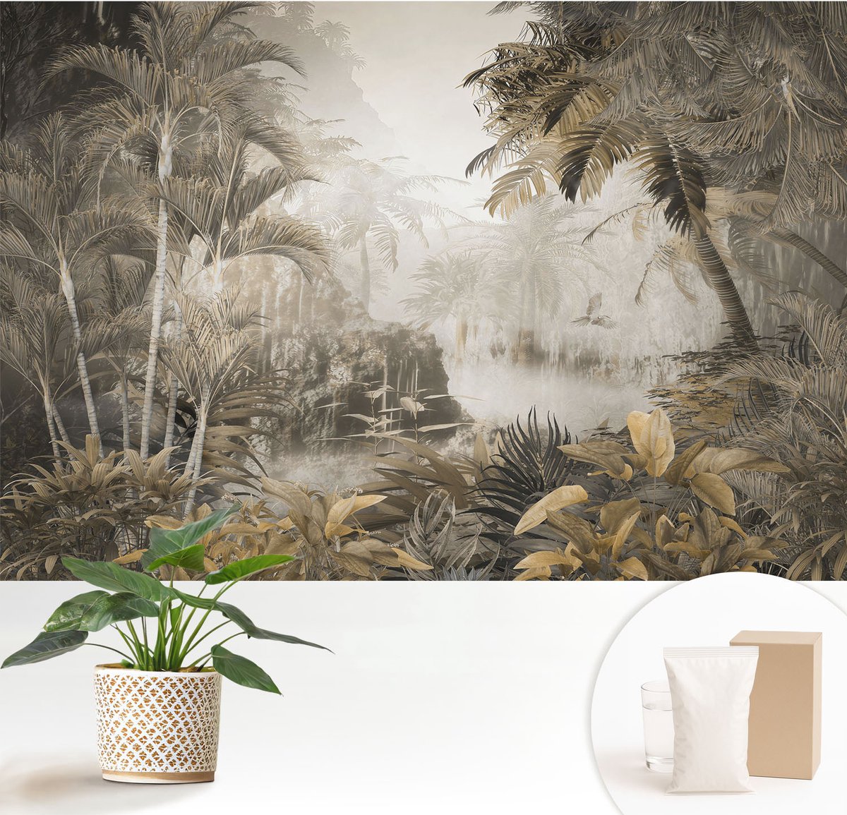 Wallfluent Fotobehang - Grijs Vliesbehang - 152x104 cm - Tropisch Bos Fotobehang Vlies - Woonkamer behang Bloemen En Planten - Muurschildering - Woonkamer behang