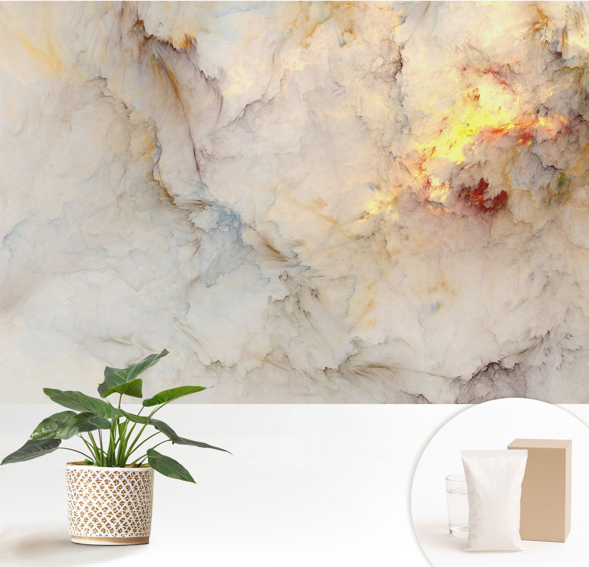 Wallfluent Fotobehang - Wit Vliesbehang - 152x104 cm - Kleurrijk Landschap Muurschildering - Slaapkamer behang Abstractie - Fotobehang Vlies - Slaapkamer behang