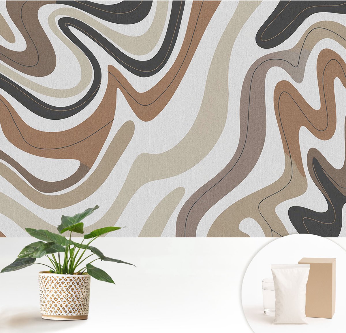 Wallfluent Fotobehang - Beige Vliesbehang - 152x104 cm - Harmonieuze Golven Fotobehang Vlies - Woonkamer behang Abstractie - Muurschildering - Woonkamer behang