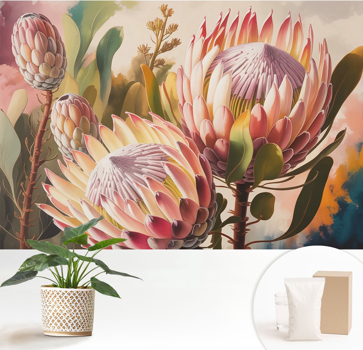 Wallfluent Fotobehang - Roze Vliesbehang - 152x104 cm - Protea-Bloemen Muurschildering - Gang behang Bloemen En Planten - Fotobehang Vlies - Slaapkamer behang
