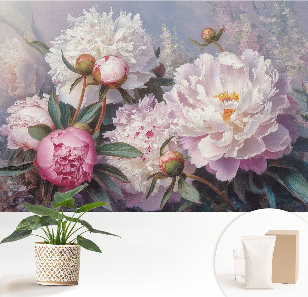 Wallfluent Fotobehang - Roze Vliesbehang - 152x104 cm - Pioenrozenboeket Muurschildering - Gang behang Bloemen En Planten - Fotobehang Vlies - Slaapkamer behang