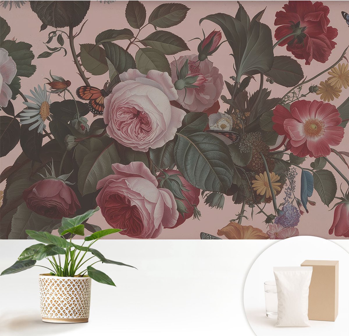 Wallfluent Fotobehang - Roze Vliesbehang - 152x104 cm - Bloemige Elegantie Fotobehang Vlies - Woonkamer behang Bloemen En Planten - Muurschildering - Hal behang