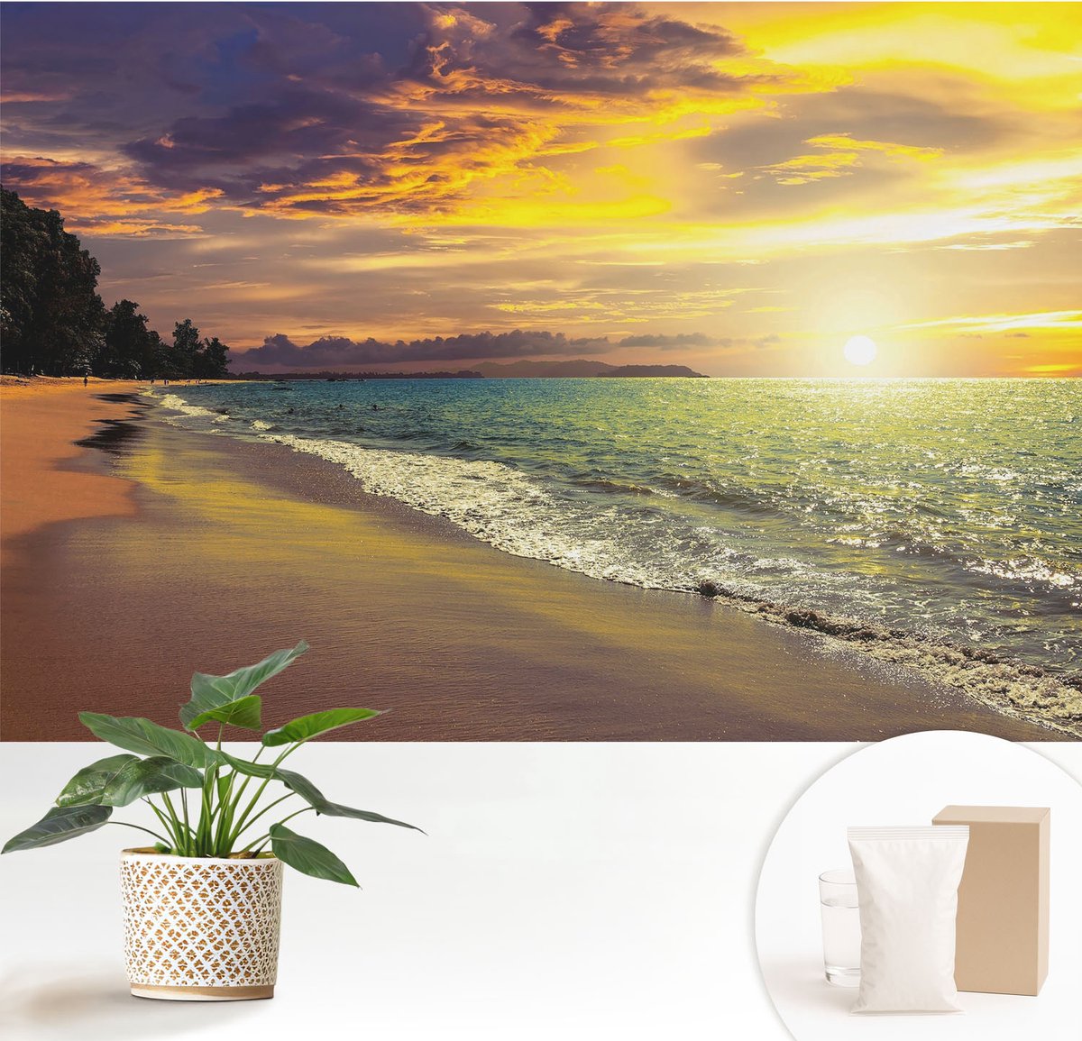Wallfluent Fotobehang - Geel Vliesbehang - 152x104 cm - Strand Bij Zonsondergang Fotobehang Vlies - Hal behang Landschappen - Muurschildering - Hal behang