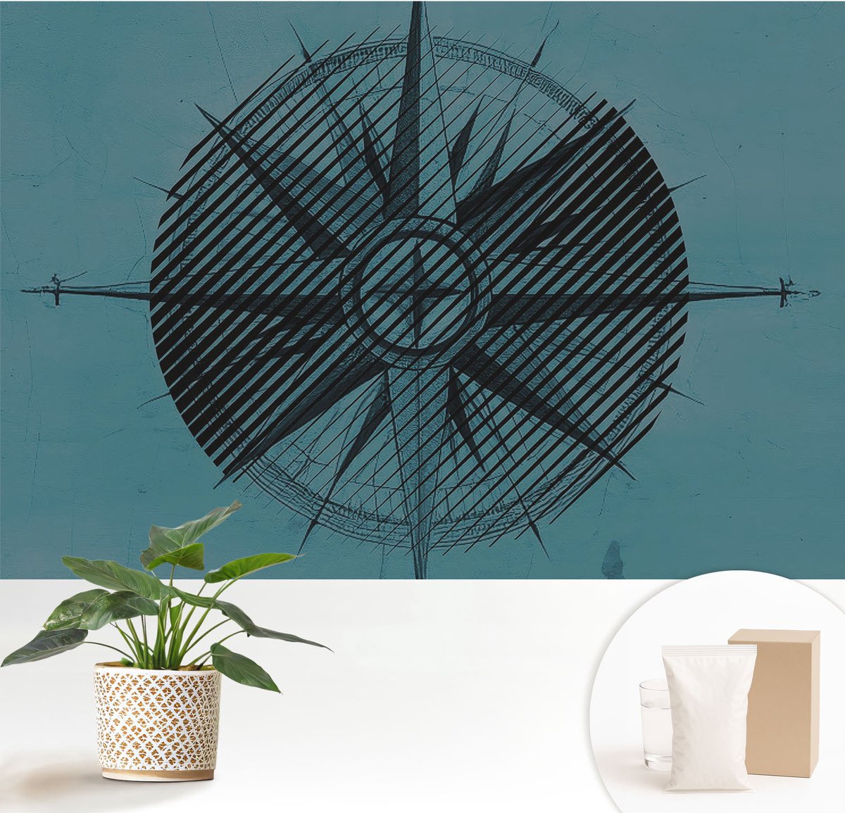 Wallfluent Fotobehang - Turkoois Vliesbehang - 152x104 cm - Scheepskompas Fotobehang Vlies - Woonkamer behang Geometrie - Muurschildering - Woonkamer behang