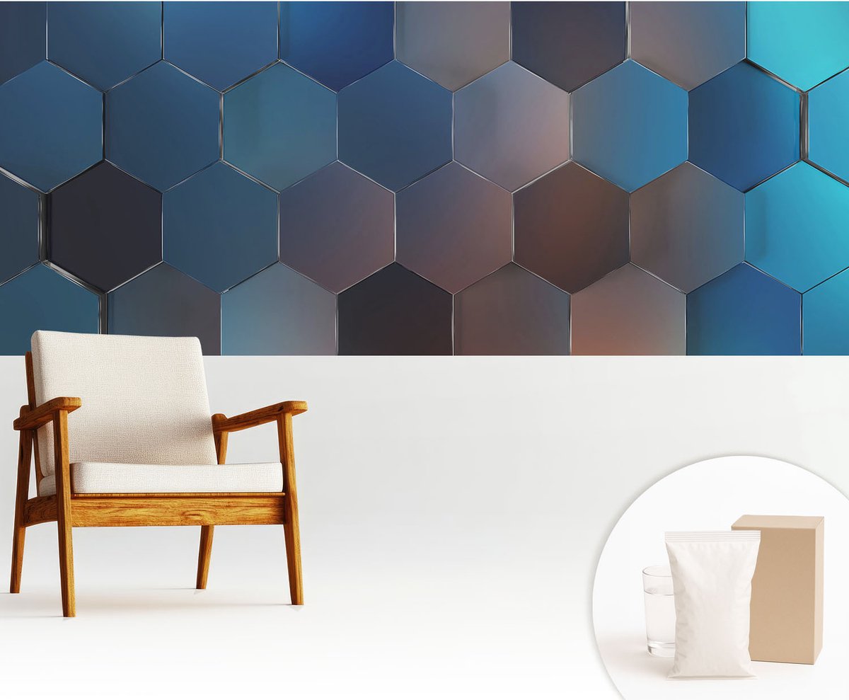 Wallfluent Fotobehang - Blauw Vliesbehang - 250x104 cm - Blauwe Zeshoeken Fotobehang Vlies - Hal behang Abstractie - Muurschildering - Woonkamer behang
