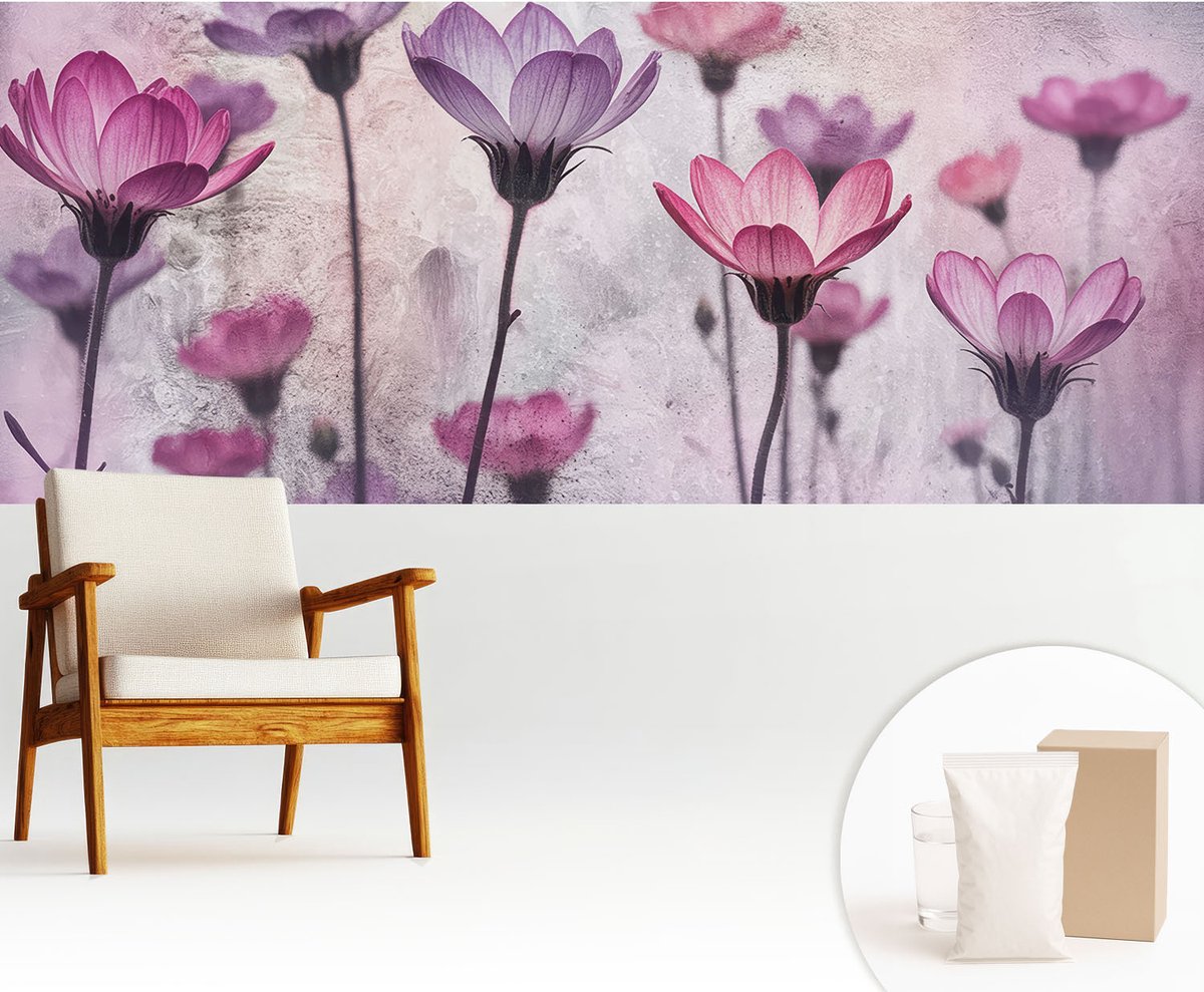 Wallfluent Fotobehang - Roze Vliesbehang - 250x104 cm - Pastelkleurige Bloemen Muurschildering - Slaapkamer behang Bloemen En Planten - Fotobehang Vlies - Slaapkamer behang