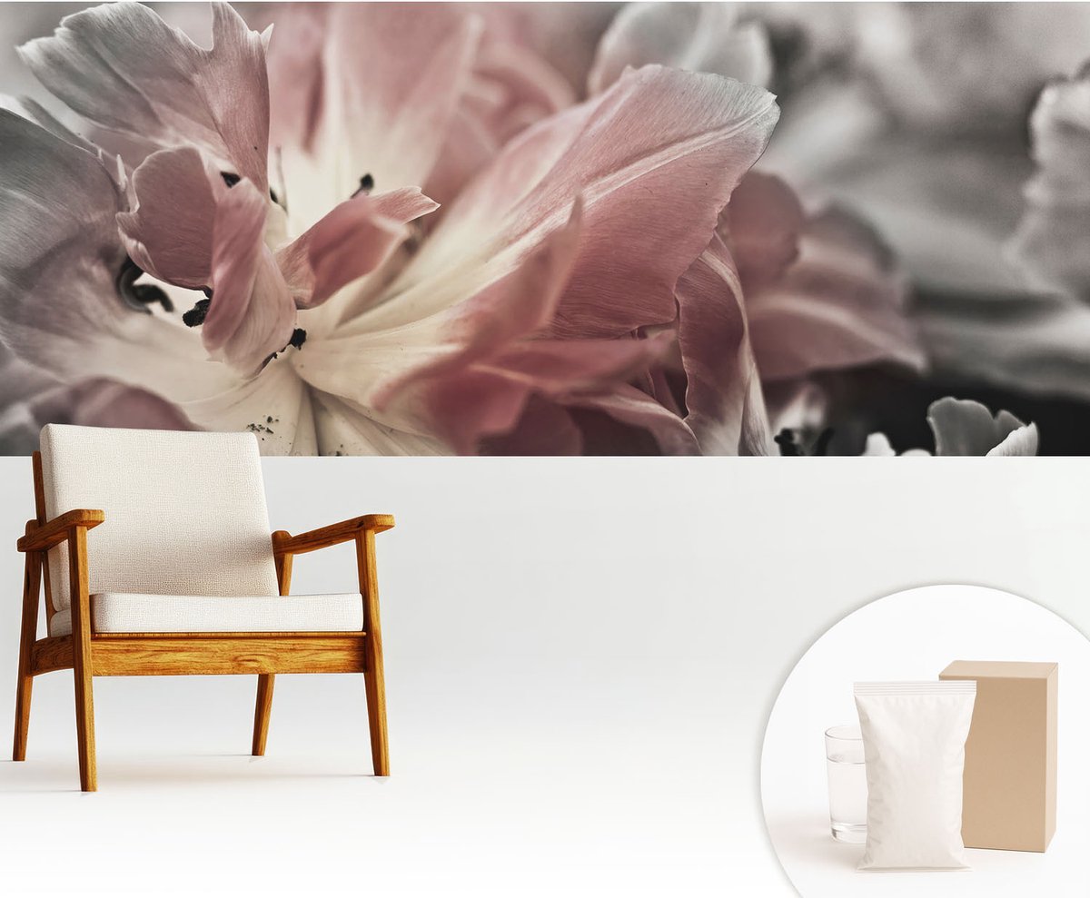 Wallfluent Fotobehang - Grijs Vliesbehang - 250x104 cm - Pastelkleurige Bloem Fotobehang Vlies - Hal behang Bloemen En Planten - Muurschildering - Woonkamer behang