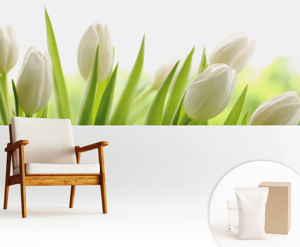 Wallfluent Fotobehang - Wit Vliesbehang - 250x104 cm - Witte Tulpen Muurschildering - Gang behang Bloemen En Planten - Fotobehang Vlies - Slaapkamer behang