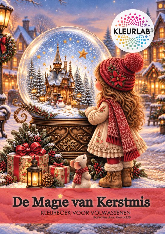 Une jeune fille en tenue de Noël regarde une boule à neige avec un village de Noël, une souris au premier plan.