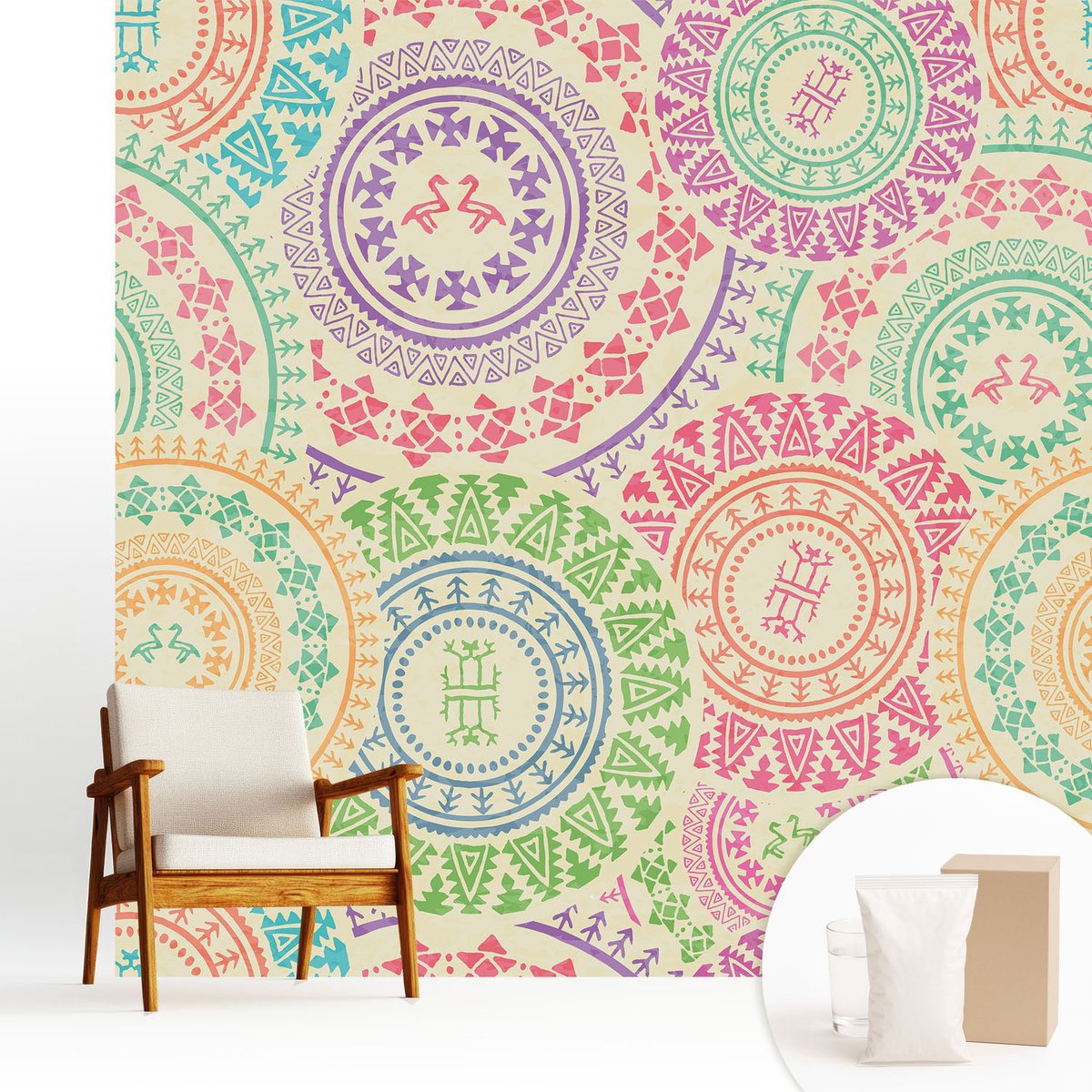 Wallfluent Fotobehang - Beige Vliesbehang - 250x250 cm - Kleurrijke Mandala'S Muurschildering - Slaapkamer behang Achtergronden En Patronen - Fotobehang Vlies - Slaapkamer behang