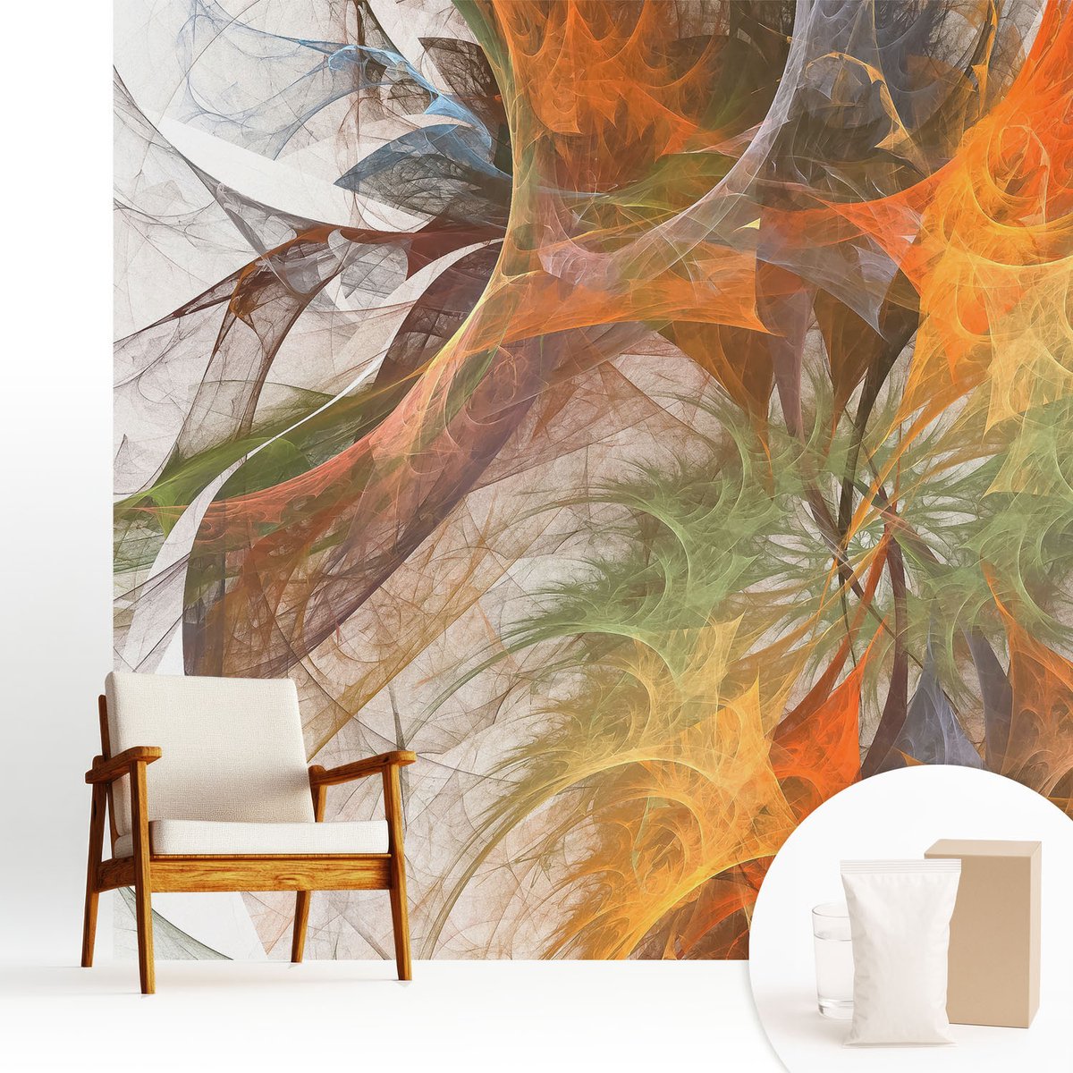 Wallfluent Fotobehang - Oranje Vliesbehang - 250x250 cm - Abstracte Caleidoscoop Muurschildering - Gang behang Deel - Fotobehang Vlies - Slaapkamer behang