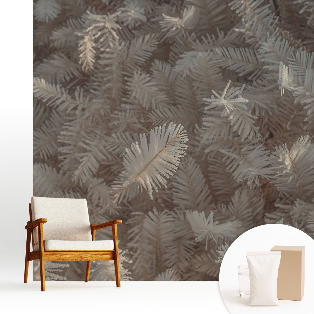 Wallfluent Fotobehang - Wit Vliesbehang - 250x250 cm - Bevroren Takjes Fotobehang Vlies - Woonkamer behang Bloemen En Planten - Muurschildering - Woonkamer behang