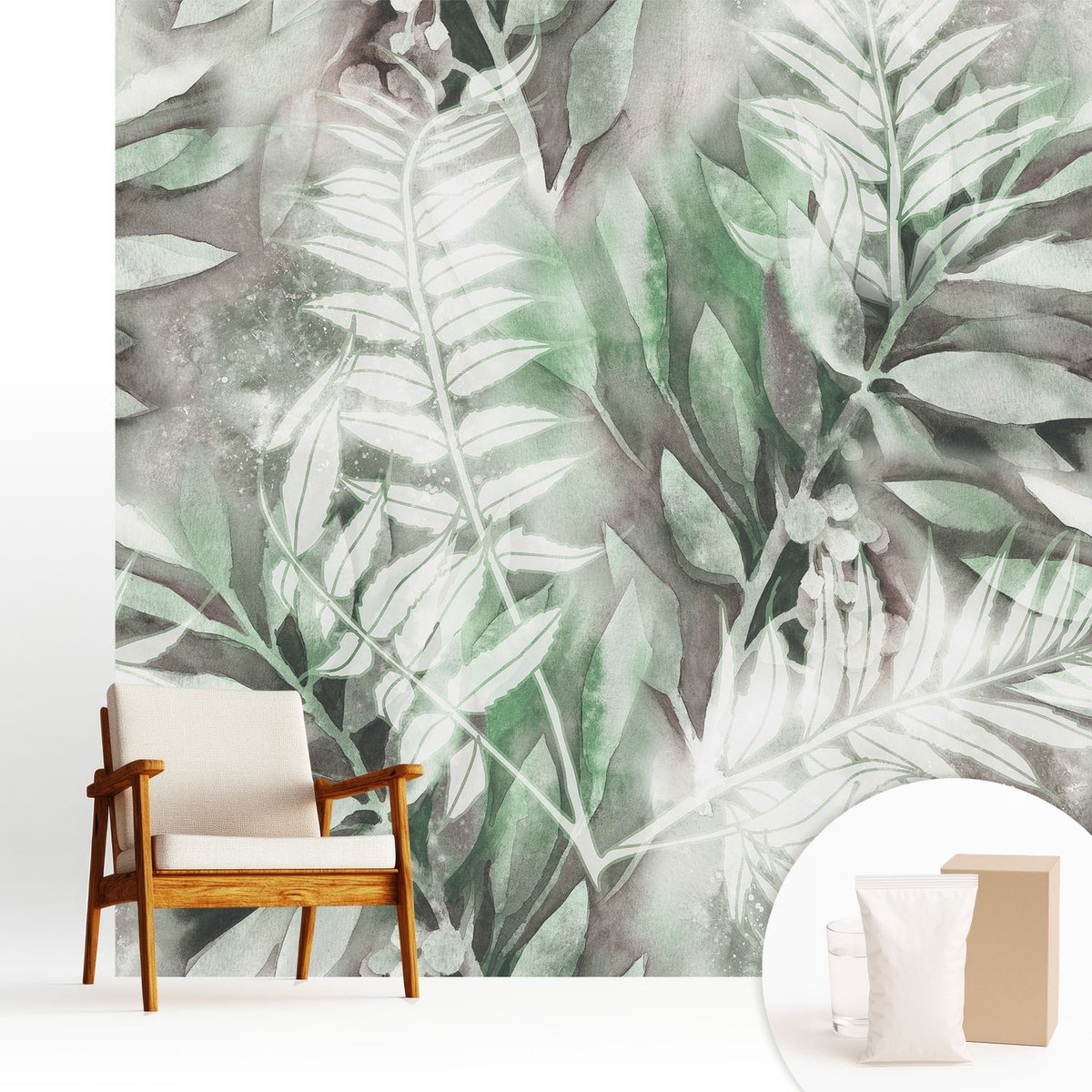 Wallfluent Fotobehang - Groente Vliesbehang - 250x250 cm - Aquarelbladeren Muurschildering - Gang behang Bloemen En Planten - Fotobehang Vlies - Slaapkamer behang