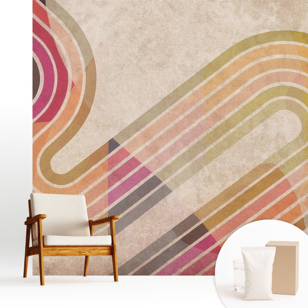 Wallfluent Fotobehang - Beige Vliesbehang - 250x250 cm - Geometrische Lijnen Muurschildering - Gang behang Abstractie - Fotobehang Vlies - Gang behang