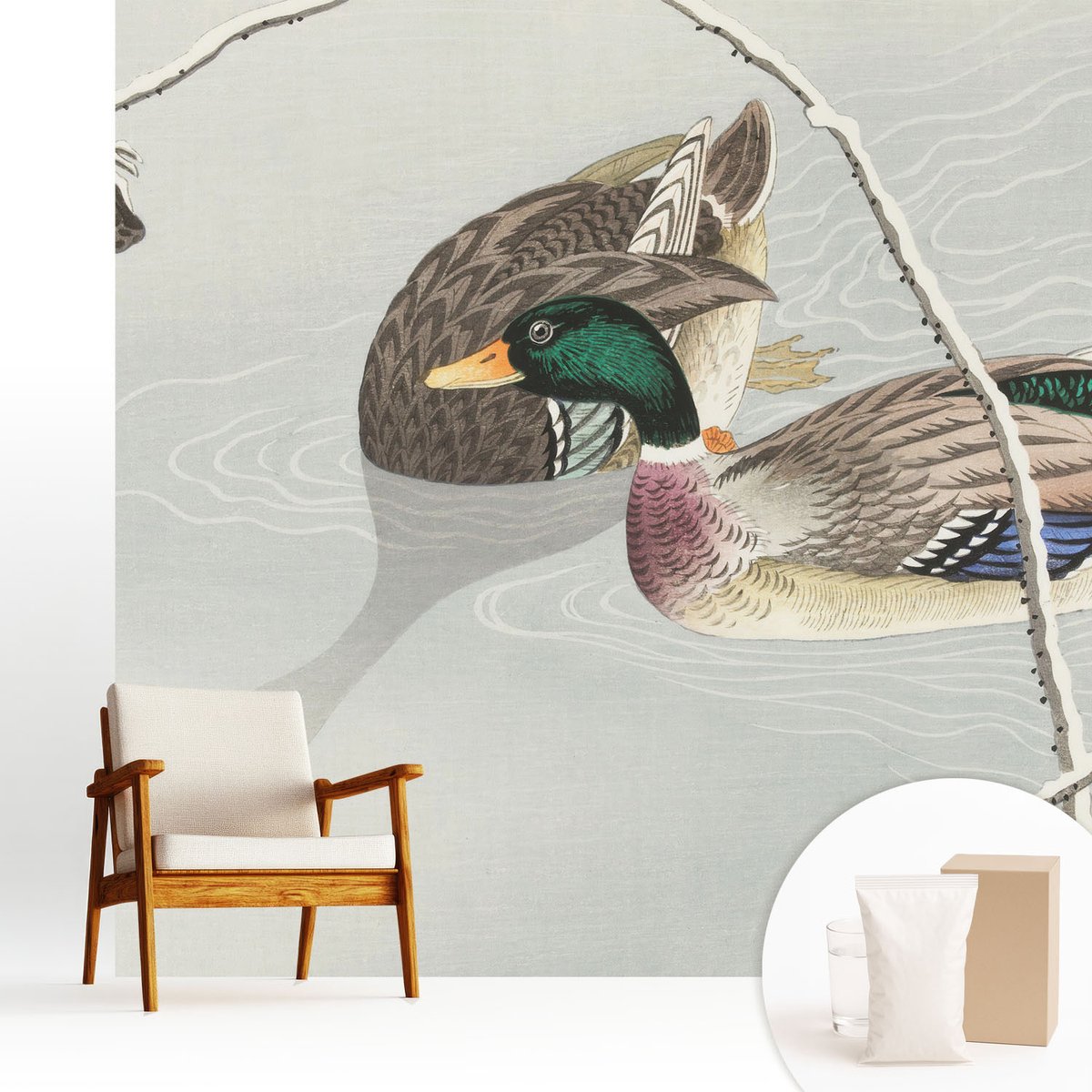 Wallfluent Fotobehang - Grijs Vliesbehang - 250x250 cm - Rustige Eenden Muurschildering - Gang behang Dieren - Fotobehang Vlies - Gang behang