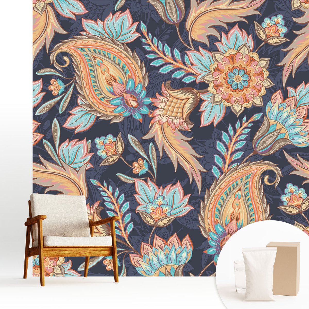 Wallfluent Fotobehang - Marine Vliesbehang - 250x250 cm - Bloemenpatroon Muurschildering - Gang behang Bloemen En Planten - Fotobehang Vlies - Slaapkamer behang