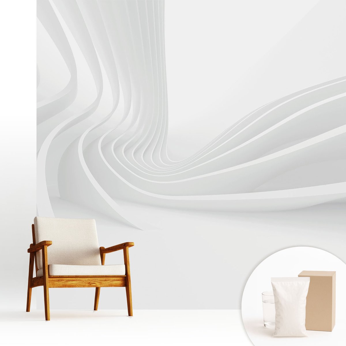 Wallfluent Fotobehang - Wit Vliesbehang - 250x250 cm - Vloeistofleidingen Fotobehang Vlies - Hal behang Architectuur - Muurschildering - Hal behang
