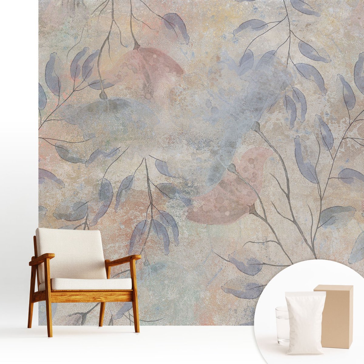 Wallfluent Fotobehang - Grijs Vliesbehang - 250x250 cm - Abstracte Bladeren Fotobehang Vlies - Woonkamer behang Bloemen En Planten - Muurschildering - Hal behang