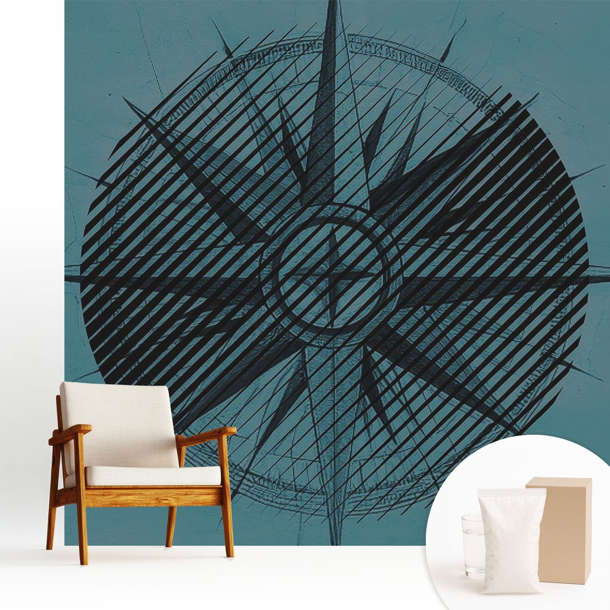 Wallfluent Fotobehang - Turkoois Vliesbehang - 250x250 cm - Scheepskompas Fotobehang Vlies - Hal behang Geometrie - Muurschildering - Woonkamer behang