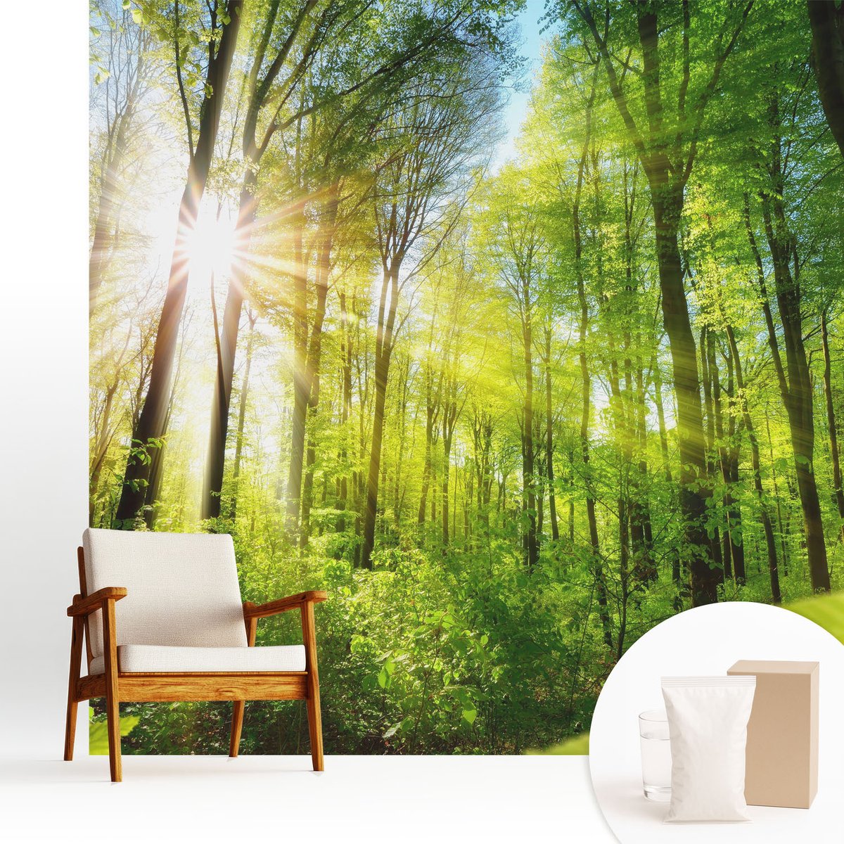 Wallfluent Fotobehang - Groente Vliesbehang - 250x250 cm - Boslicht Muurschildering - Slaapkamer behang Landschappen - Fotobehang Vlies - Slaapkamer behang