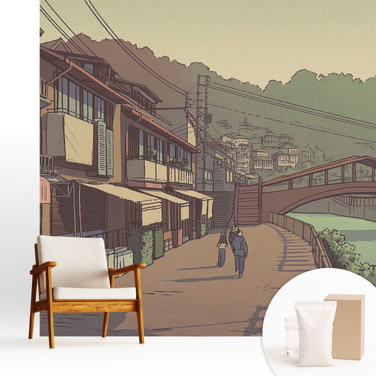 Wallfluent Fotobehang - Bruin Vliesbehang - 250x250 cm - Pastel Landschap Fotobehang Vlies - Woonkamer behang Architectuur - Muurschildering - Woonkamer behang