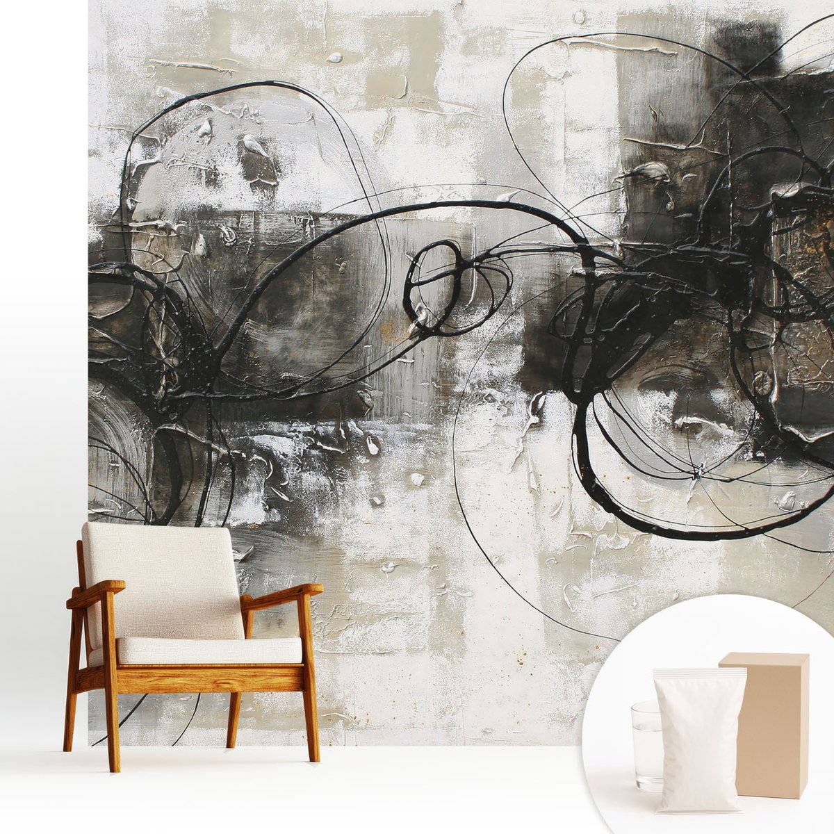 Wallfluent Fotobehang - Zwart Vliesbehang - 250x250 cm - Abstracte Wervel Fotobehang Vlies - Hal behang Abstractie - Muurschildering - Woonkamer behang