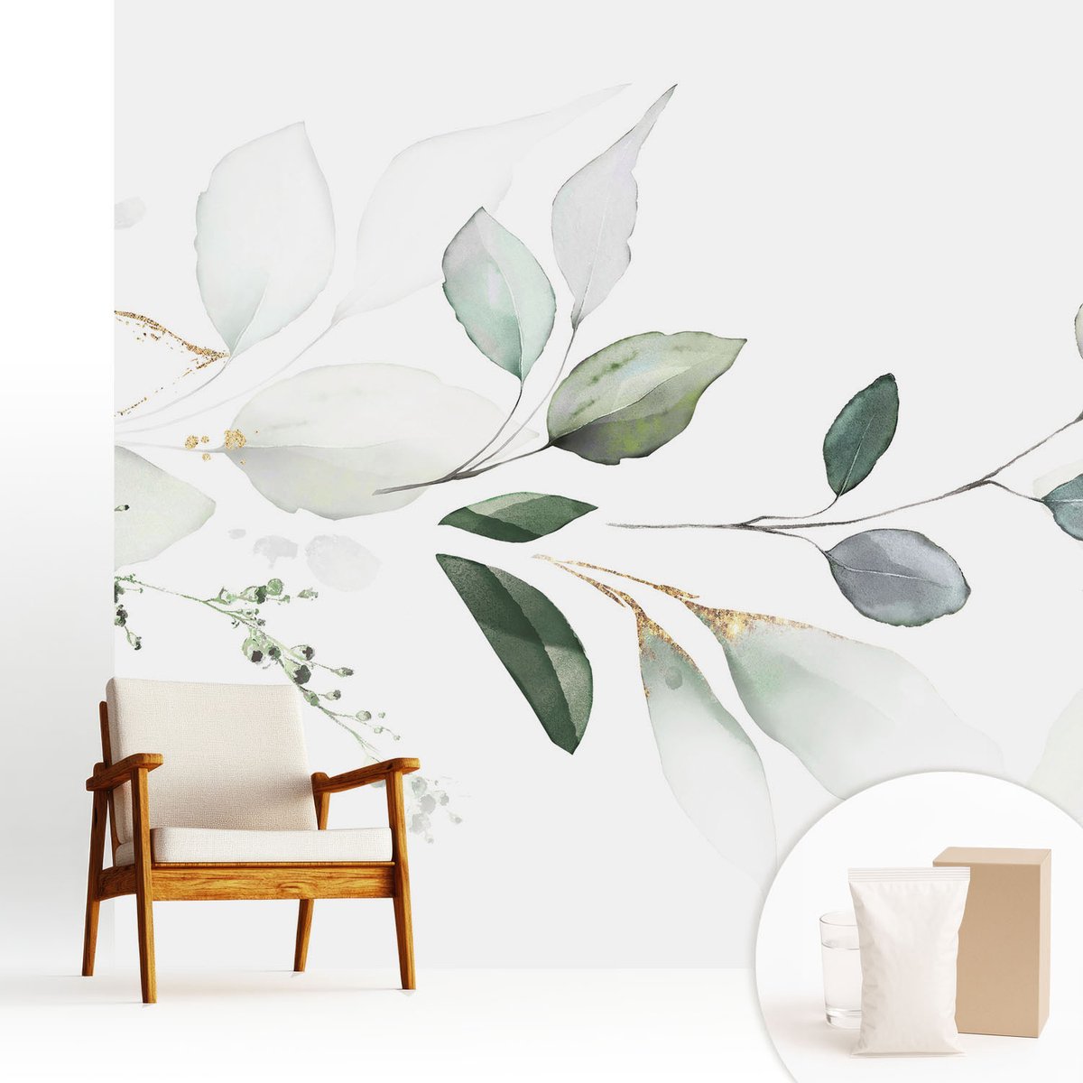 Wallfluent Fotobehang - Wit Vliesbehang - 250x250 cm - Groene Bladeren Fotobehang Vlies - Woonkamer behang Bloemen En Planten - Muurschildering - Hal behang