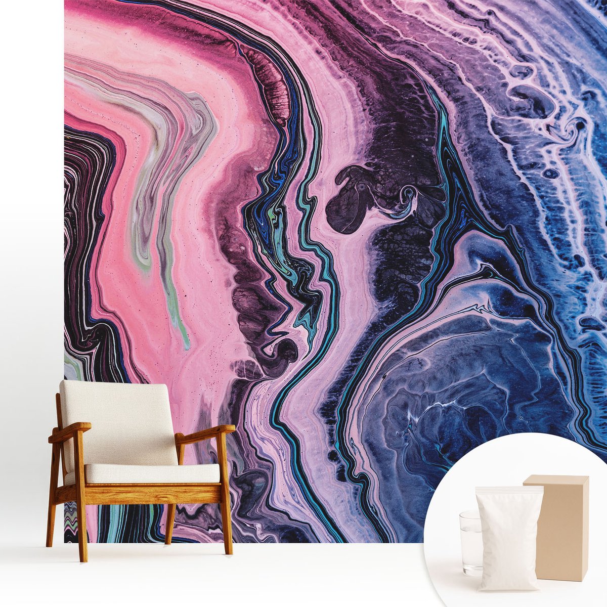 Wallfluent Fotobehang - Roze Vliesbehang - 250x250 cm - Kleurrijke Wervelingen Fotobehang Vlies - Hal behang Abstractie - Muurschildering - Woonkamer behang