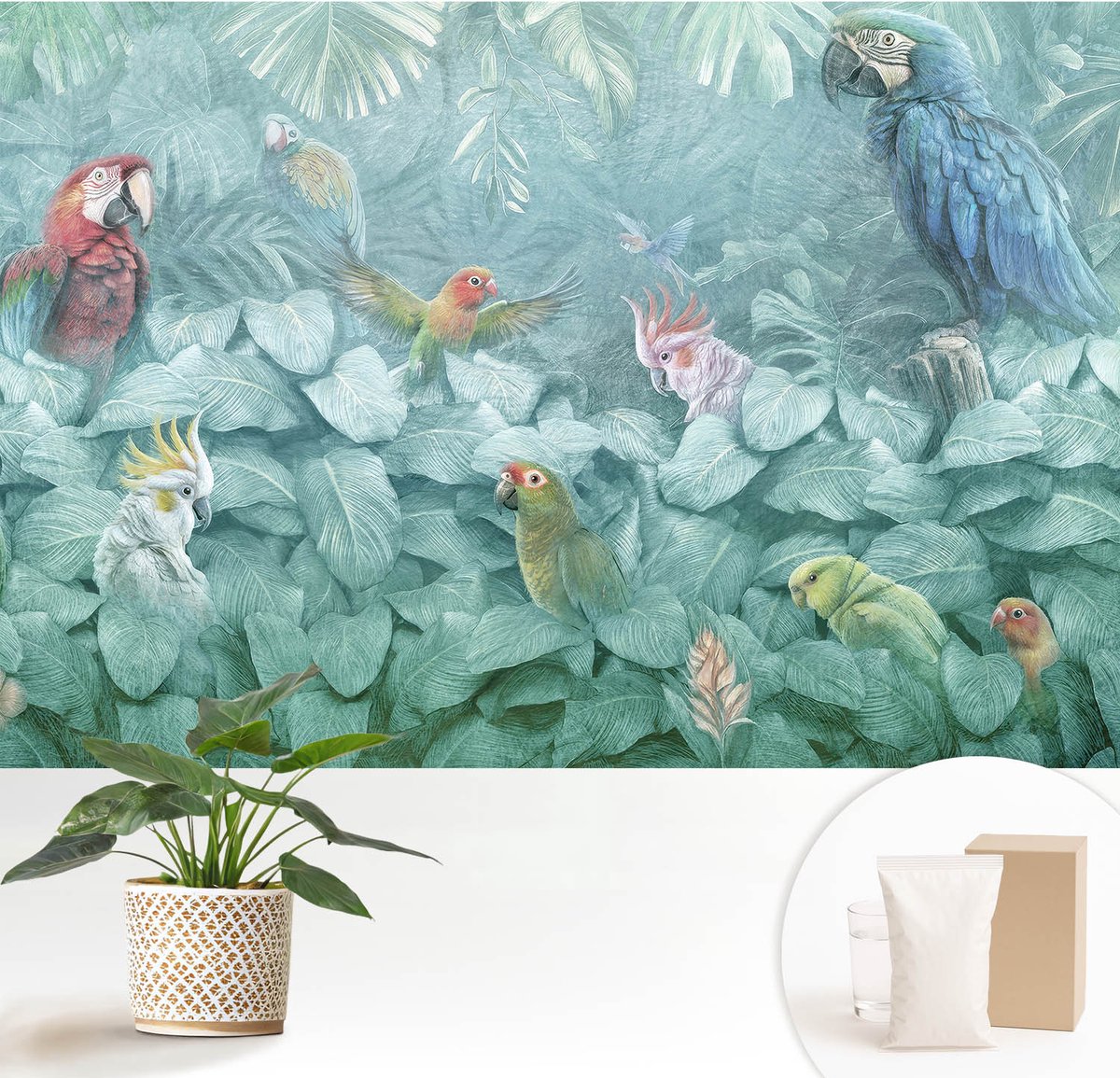 Wallfluent Fotobehang - Groente Vliesbehang - 152x104 cm - Exotische Vogels Muurschildering - Slaapkamer behang Dieren - Fotobehang Vlies - Gang behang