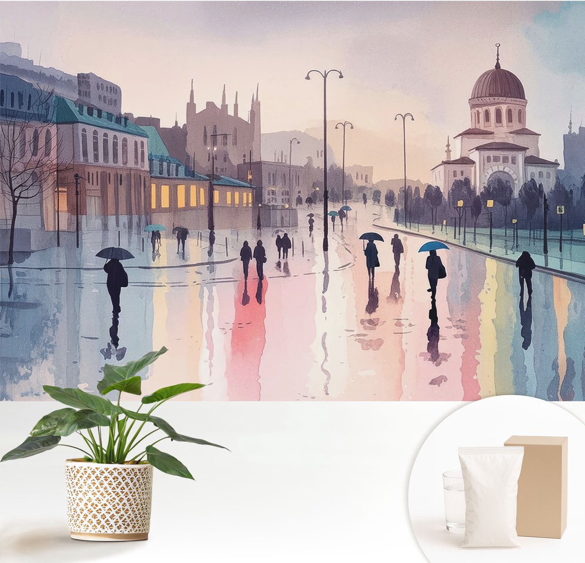 Wallfluent Fotobehang - Blauw Vliesbehang - 152x104 cm - Een Regenachtige Wandeling Muurschildering - Slaapkamer behang Steden - Fotobehang Vlies - Slaapkamer behang