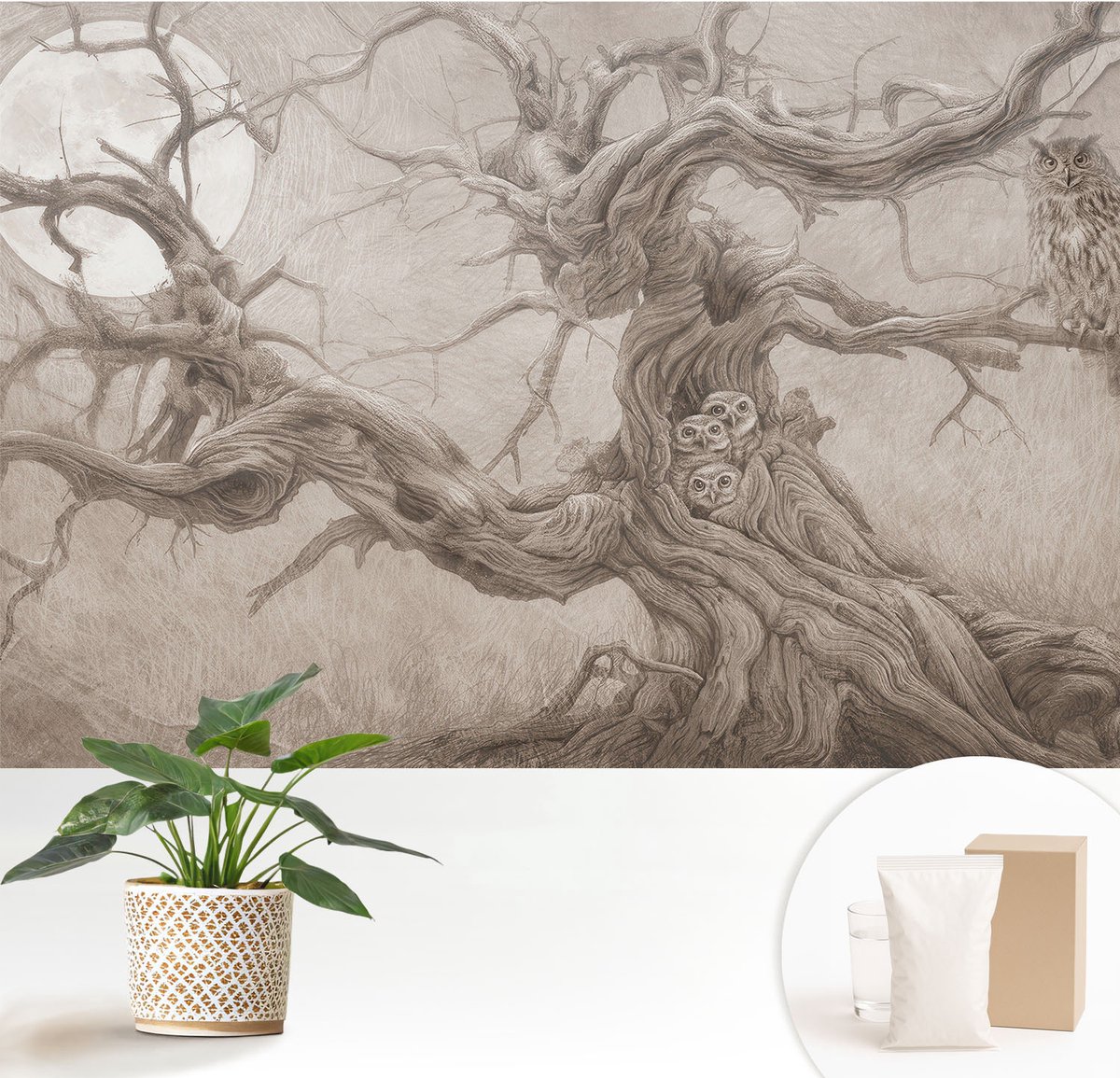 Wallfluent Fotobehang - Beige Vliesbehang - 152x104 cm - Nachtvogels Fotobehang Vlies - Hal behang Deel - Muurschildering - Woonkamer behang